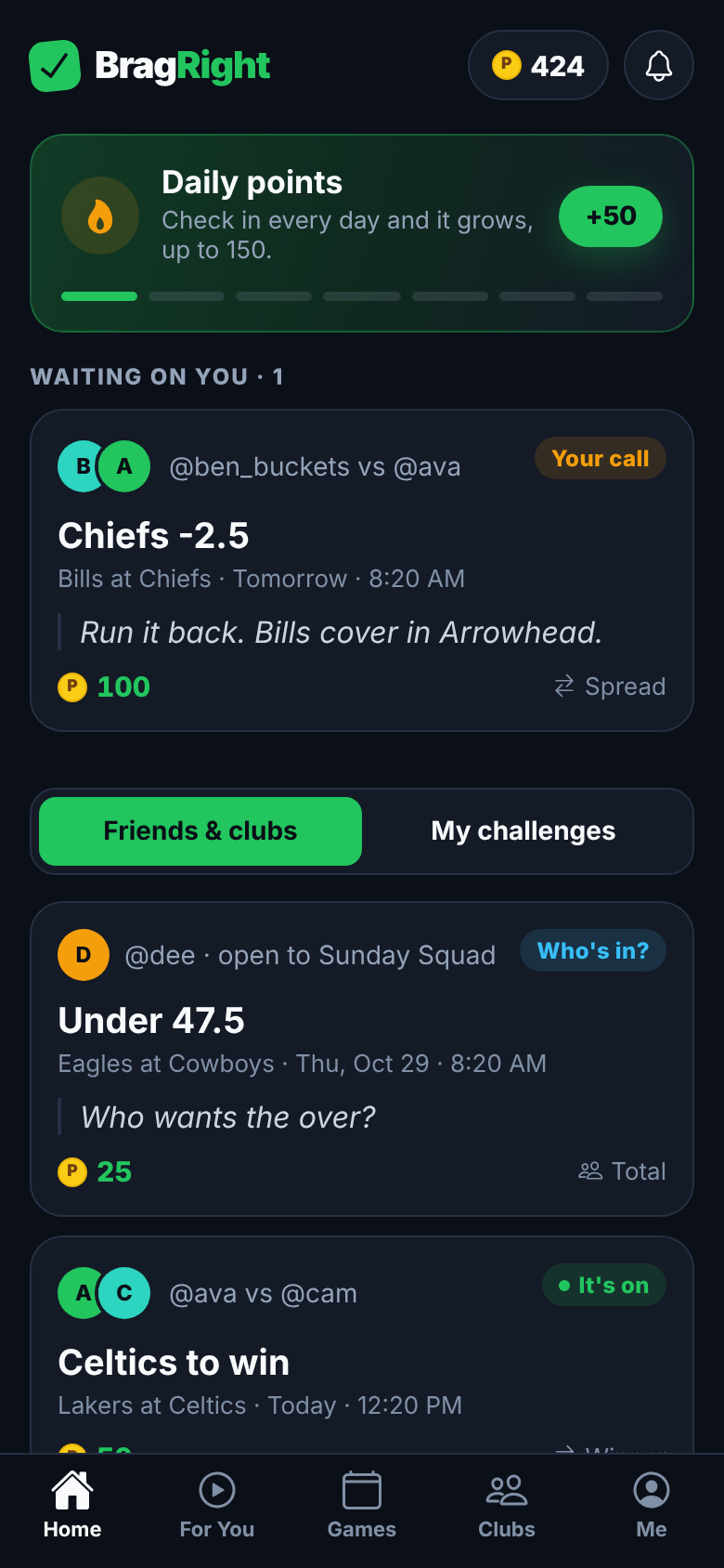 BragRight home screen with today's games and challenges